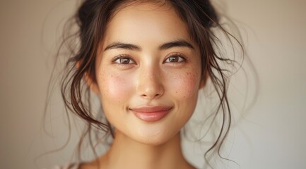 Wall Mural - portrait of happy Asian woman on beige background, natural beauty