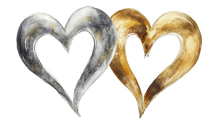 Watercolor painting of intertwined silver and gold hearts, symbolizing love, unity, and romance. Perfect for wedding or anniversary themes.