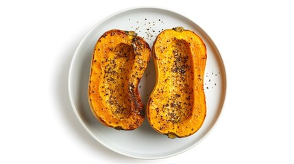 Roasted butternut squash halves with seasoning on white plate