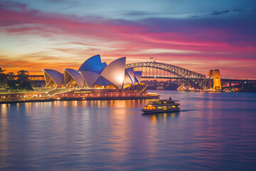 sydney opera house and harbour bridge at sunset