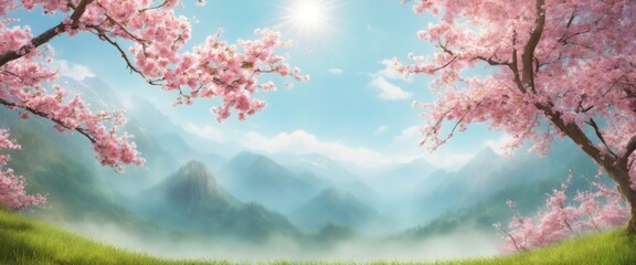 Wall Mural - Scenic Garden Landscape with Cherry Blossoms, Mountain View, and