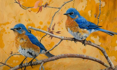 Two male bluebirds on perch. 