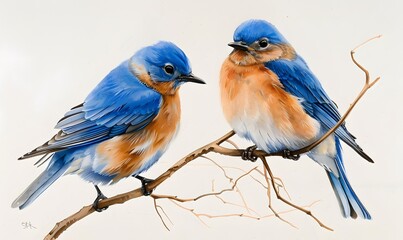 Two male bluebirds on perch. 