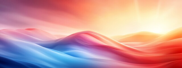 Poster -  A painting of a mountain range with a radiant sun at its heart, and a vibrant wave of blue, red, orange, and pink hues in its center