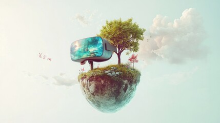 Virtual Reality Headset on a Floating Island with a Tree