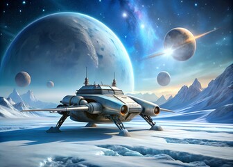 Futuristic spaceship landed on an icy planet with two moons in the sky, concept art for space exploration, science fiction, and alien worlds