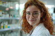 © Tetiana - Photo of smiling pharmacist on the background of shelves with medicines generative AI