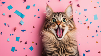 very surprised excitement cat with open mouth and confetti ,  greeting card party 