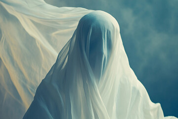 Funny halloween character person or animal wearing white blanket pretending scary ghost, Generative AI