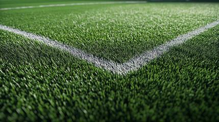 An 8k close-up of a soccer field corner, featuring the intersection of bright white lines against a rich green background. The grass is meticulously detailed, with each blade clearly visible, and the 