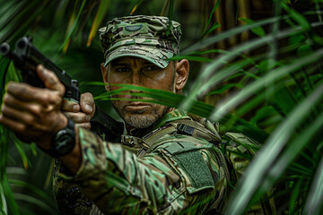 Wall Mural - Generated with AI close up photo of soldier in full combat gear camouflage