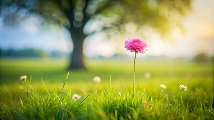 Wall Mural - Solitary pink flower in a meadow with a blurred tree in the background