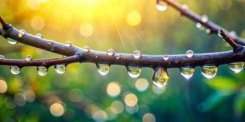 Wall Mural - Close-up of a tree branch with water droplets, against a blurry, radiant background