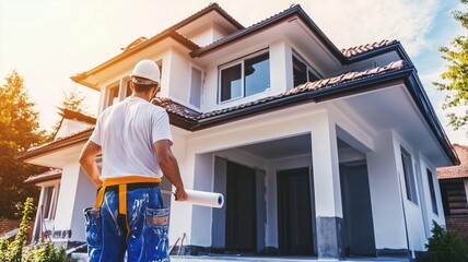 Painter of a newly built house, Painter holding a paint roller skillfully paints a house, A house under construction nearing completion has a painter applying a white primer.