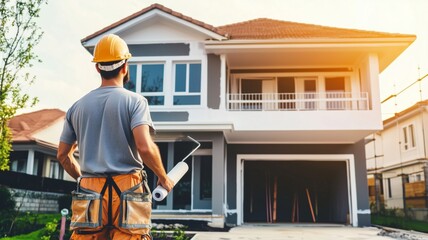 Painter of a newly built house, Painter holding a paint roller skillfully paints a house, A house under construction nearing completion has a painter applying a white primer.