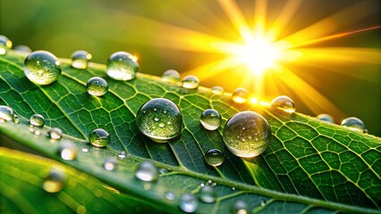 Wall Mural - Close-up of water droplets glistening on green leaves with a sun setting in the background