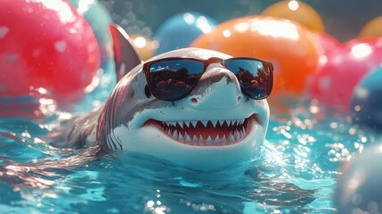 whimsical illustration of smiling cartoon shark wearing sunglasses floating in crystalclear pool with colorful inflatables