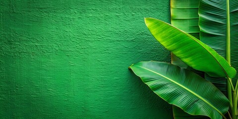 Wall Mural - Close-up of a green wall with plant and banana leaf on the left edge