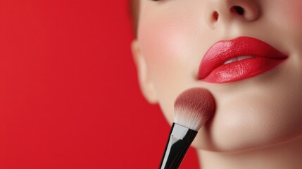 Sticker - A woman with red lips and a makeup brush on her face, AI