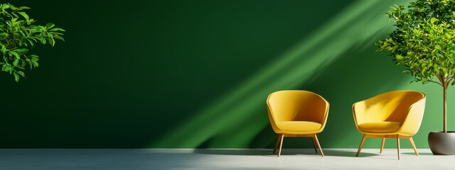 Canvas Print -  Two yellow chairs adjacent, before a green wall A potted plant nearby