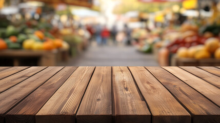 Wall Mural - Empty wooden table in front autumn leaves trees in  blurred background banner for product display in a coffee shop, local market or bar