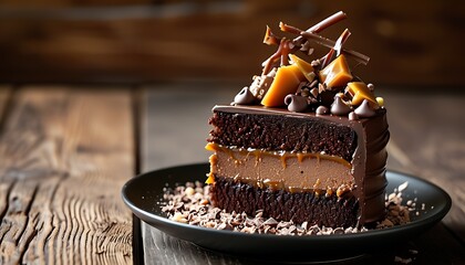 Wall Mural - An exquisite chocolate cake decorated with chocolate chips and caramel, with a dark wooden table in the background, creating a warm atmosphere.