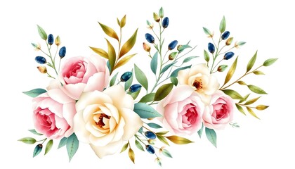 Wall Mural - A bouquet of pink and white roses with green leaves isolated on white background, arranged in a natural and elegant composition