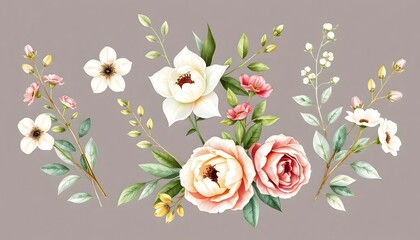 Wall Mural - A bouquet of pink and white roses with green leaves isolated on white background, arranged in a natural and elegant composition