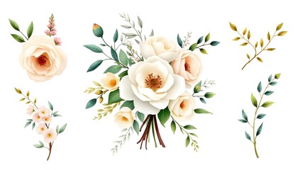 Wall Mural - A bouquet of pink and white roses with green leaves isolated on white background, arranged in a natural and elegant composition