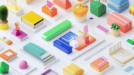 Sticker - Abstract 3D Composition with Colorful Geometric Shapes and Objects