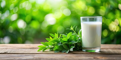 A refreshing glass of milk by a leafy plant on a green table