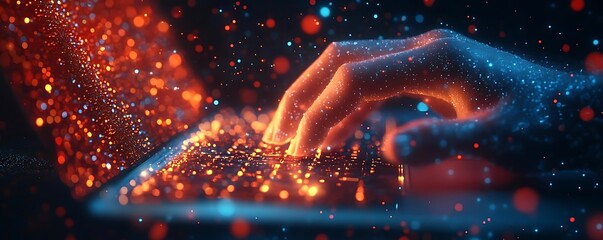 Abstract 3D Render of a Hand Typing on a Laptop Keyboard with Glowing Particles