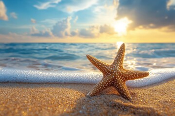 Starfish on golden sand at sunset with blurred sea background