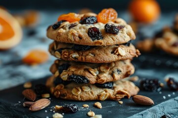 Stack of homemade cookies with oats, almonds and dried fruits is lying on a slate