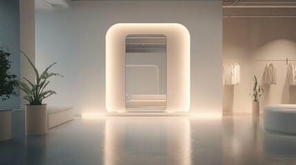 Wall Mural - Minimalist Interior with Illuminated Mirror and Clothing Display