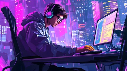 Energetic Software Developer Coding Rapidly in Futuristic Workspace