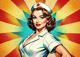 retro vintage comic book style nurse pin-up girl posing in bold graphic background with bright colors and bold shapes and subtle texture grain