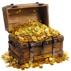 glittering pirate treasure chest overflowing with gold coins and jewels, set against a clear backdro