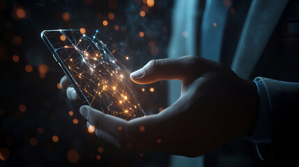 Businessman on blurred background using flying network connection interface,Businessman touching virtual display to connect digital software of network services