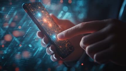 Businessman on blurred background using flying network connection interface,Businessman touching virtual display to connect digital software of network services