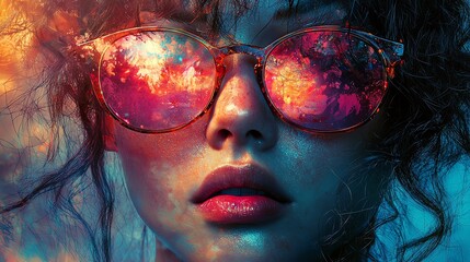 Close-up of a woman wearing reflective sunglasses against a vibrant, artistic background showcasing colorful and abstract reflections.