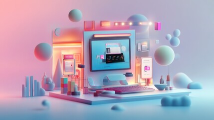 Canvas Print - Abstract 3D Render of a Futuristic Desktop Computer Setup