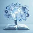 © Ilja - Glowing Light Bulb, Open Book, Gears. Innovation, Knowledge, Education. Blue Background.