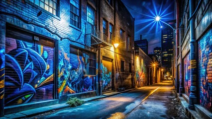 Naklejka na meble edgy gritty urban streetscape at night with bold graffiti mural and deep shadows with high contrast and cool blue tonality