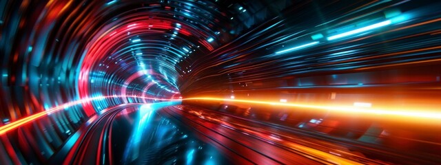 Futuristic tunnel with vibrant, luminous lines creating a sense of depth and motion in a dark digital environment.