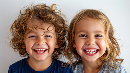 Two children with curly hair smiling and looking at camera