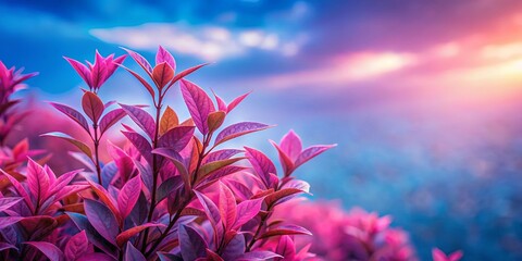 Wall Mural - Close up of pink and purple foliage plant against blue and pink hazy sky