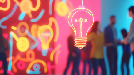 A vibrant light bulb illustration hangs against colorful backdrop, symbolizing creativity and teamwork. blurred figures in background suggest collaboration and interaction.