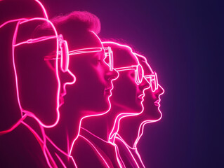 Neon silhouettes of individuals in profile, showcasing modern and abstract aesthetic. vibrant pink glow creates striking visual impact.