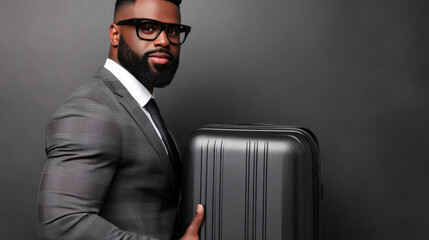 Wall Mural - A man in a suit holding up his suitcase and smiling, AI